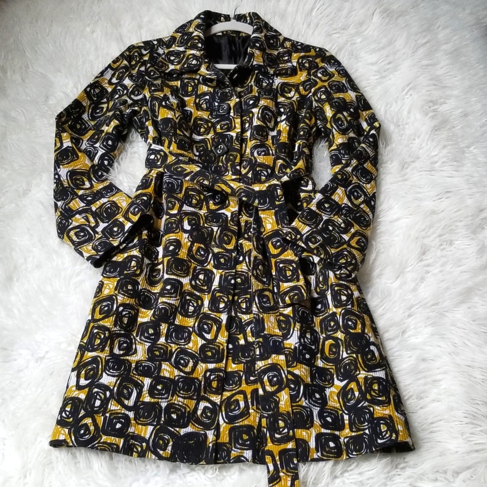 Anthropologie Lapis Geometric Print Belted Coat Black Gold